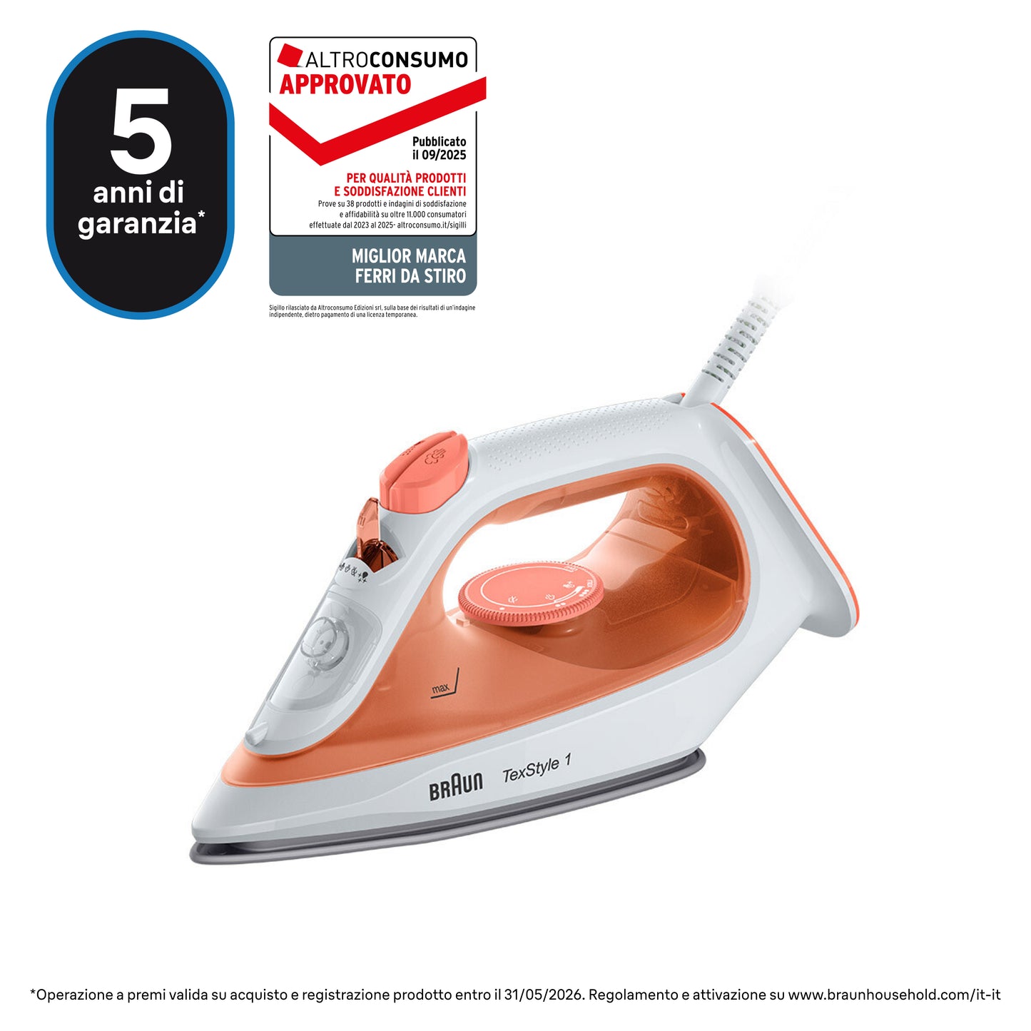 BRAUN PED SI1009OR | CASA | FERRI DA STIRO | FERRO VAPORE | FERRO VAPORE 1900W PIAST.NO-STICK TEXSTY