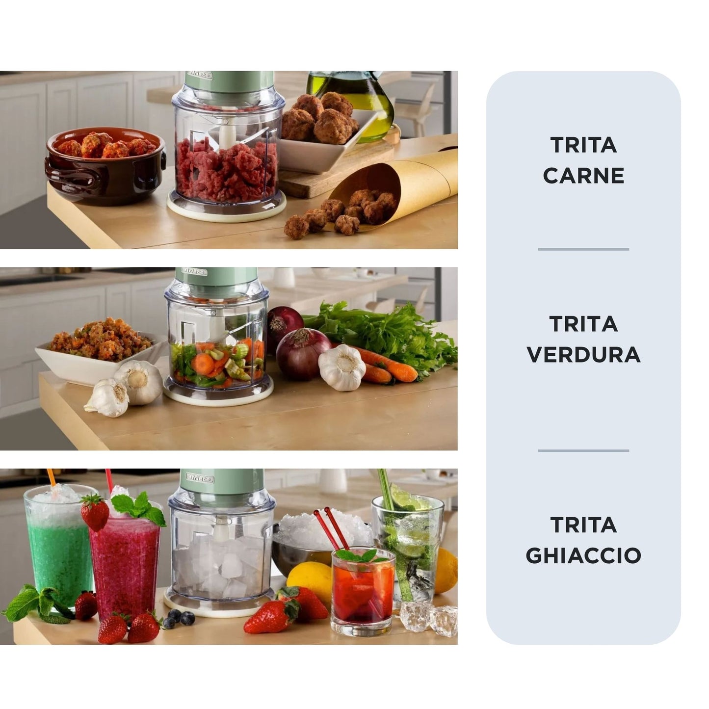 Ariete 438, Tritatutto Vintage, Chopper e Tritaghiaccio, 2 velocità, 4 lame in Acciaio Inox, Tazza graduata 600 ml, 400 W, Verde