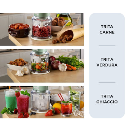 Ariete 438, Tritatutto Vintage, Chopper e Tritaghiaccio, 2 velocità, 4 lame in Acciaio Inox, Tazza graduata 600 ml, 400 W, Verde