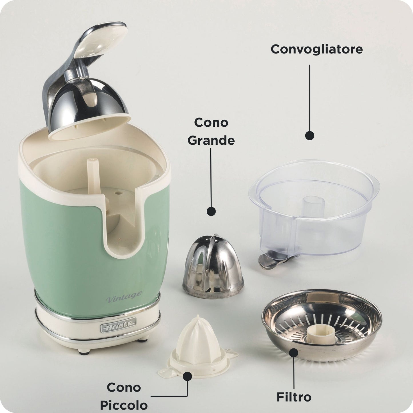 Ariete 413 Spremiagrumi Elettrico con Leva - Salvagoccia - Motore Silenzioso - 85 Watt - Design Vintage - Verde