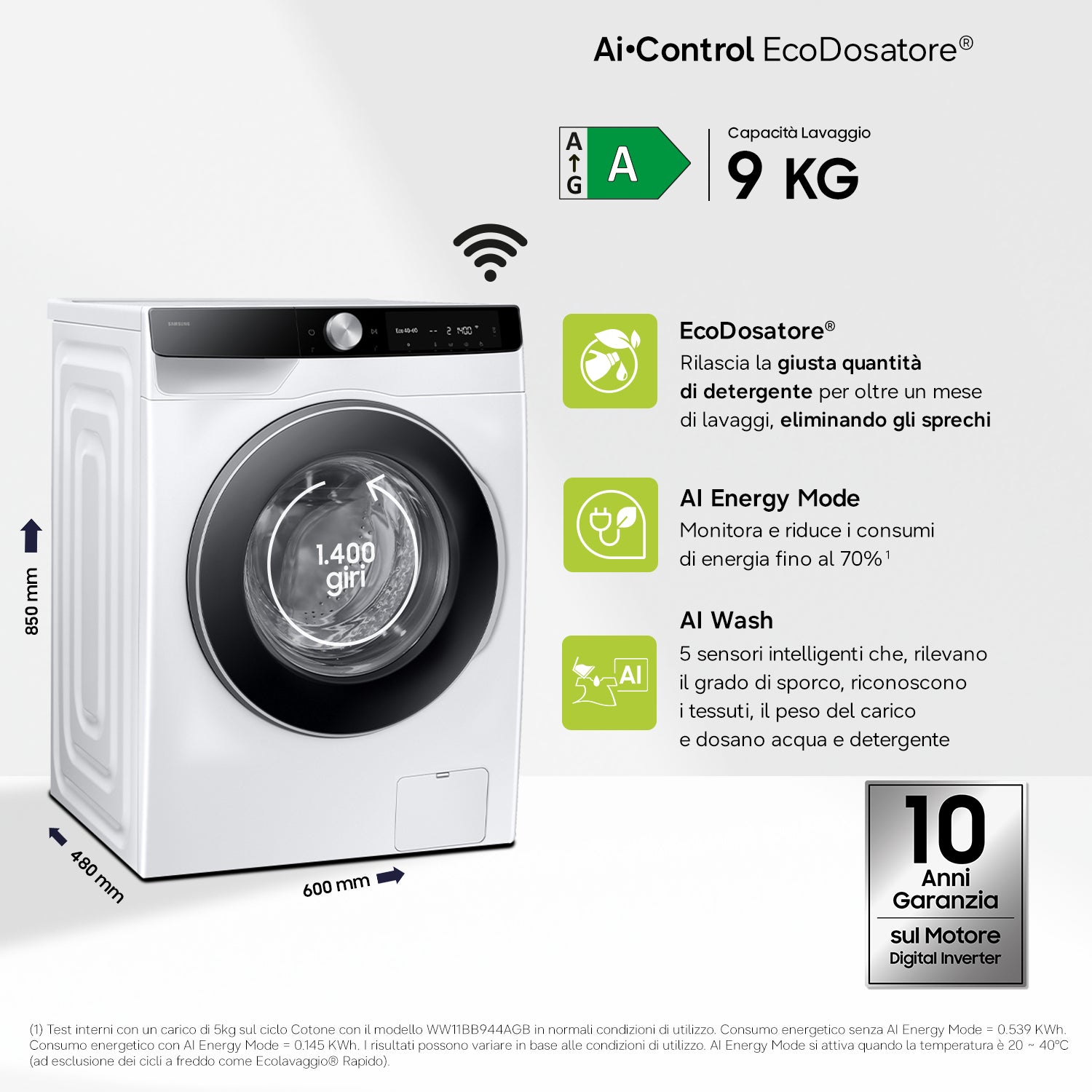 Samsung WW90DG6G94LKU3 lavatrice Caricamento frontale 9 kg 1400 Giri/min Bianco