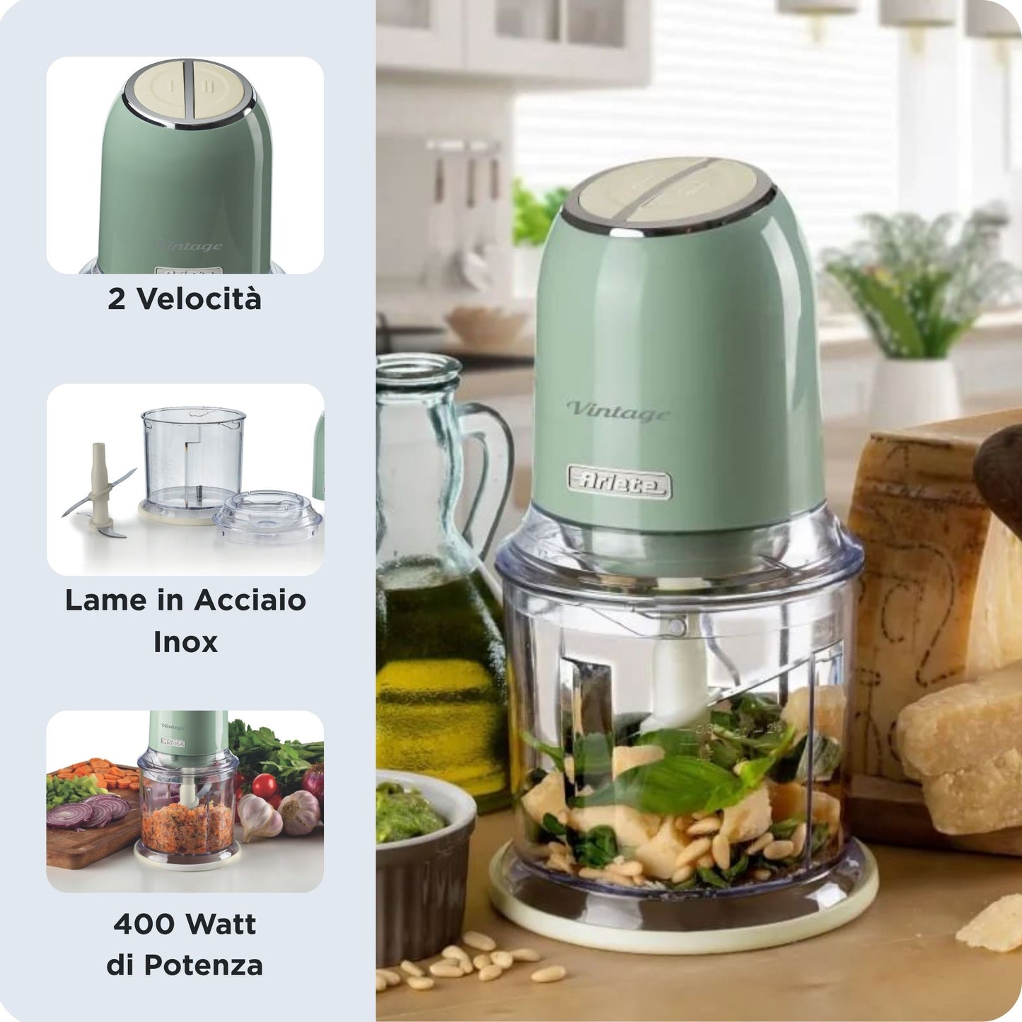 Ariete 438, Tritatutto Vintage, Chopper e Tritaghiaccio, 2 velocità, 4 lame in Acciaio Inox, Tazza graduata 600 ml, 400 W, Verde
