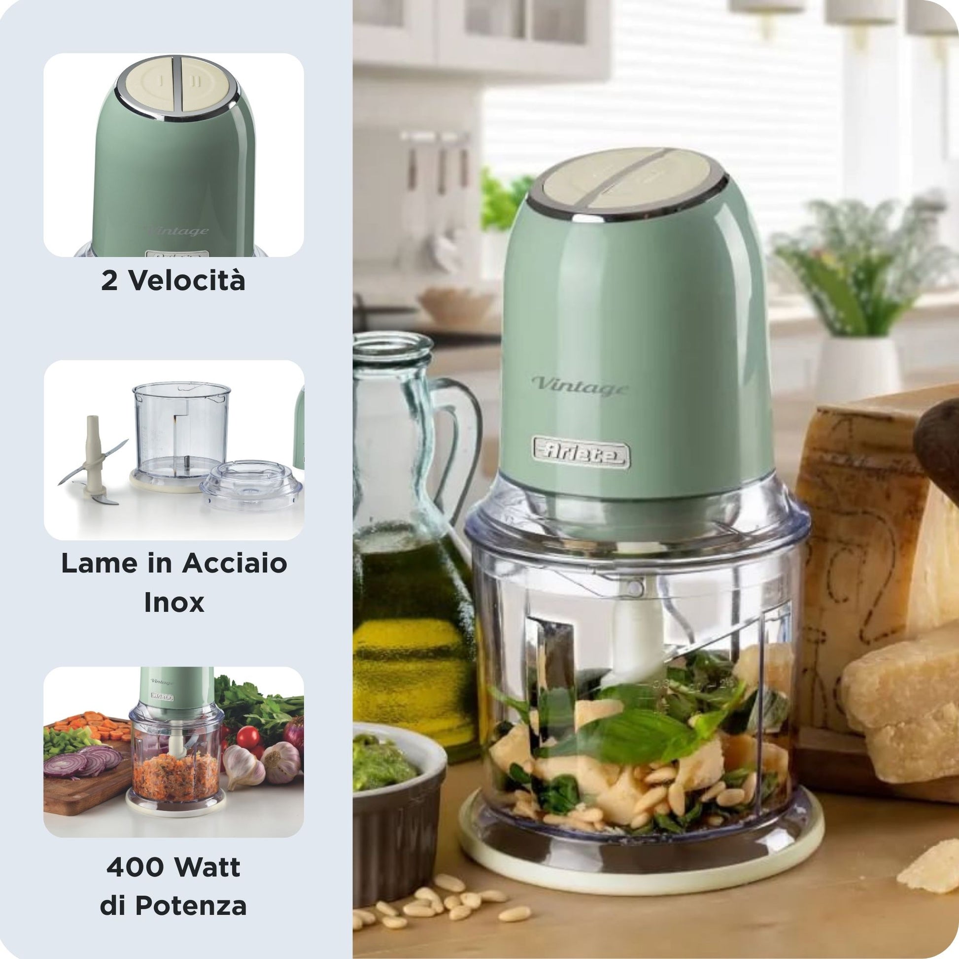 Ariete 438, Tritatutto Vintage, Chopper e Tritaghiaccio, 2 velocità, 4 lame in Acciaio Inox, Tazza graduata 600 ml, 400 W, Verde