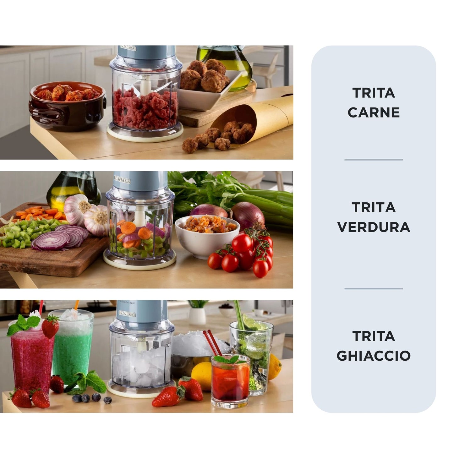 Ariete 438, Tritatutto Vintage, Chopper e Tritaghiaccio, 2 velocità, 4 lame in Acciaio Inox, Tazza graduata 600 ml, 400 W, BeigeTritatutto a 2 velocità , 2 pulsanti e 4 lame in Acciaio Inox. Tritaverdure e Tritaghiaccio. Tazza graduata da 600ml.