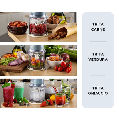 Ariete 438, Tritatutto Vintage, Chopper e Tritaghiaccio, 2 velocità, 4 lame in Acciaio Inox, Tazza graduata 600 ml, 400 W, BeigeTritatutto a 2 velocità , 2 pulsanti e 4 lame in Acciaio Inox. Tritaverdure e Tritaghiaccio. Tazza graduata da 600ml.