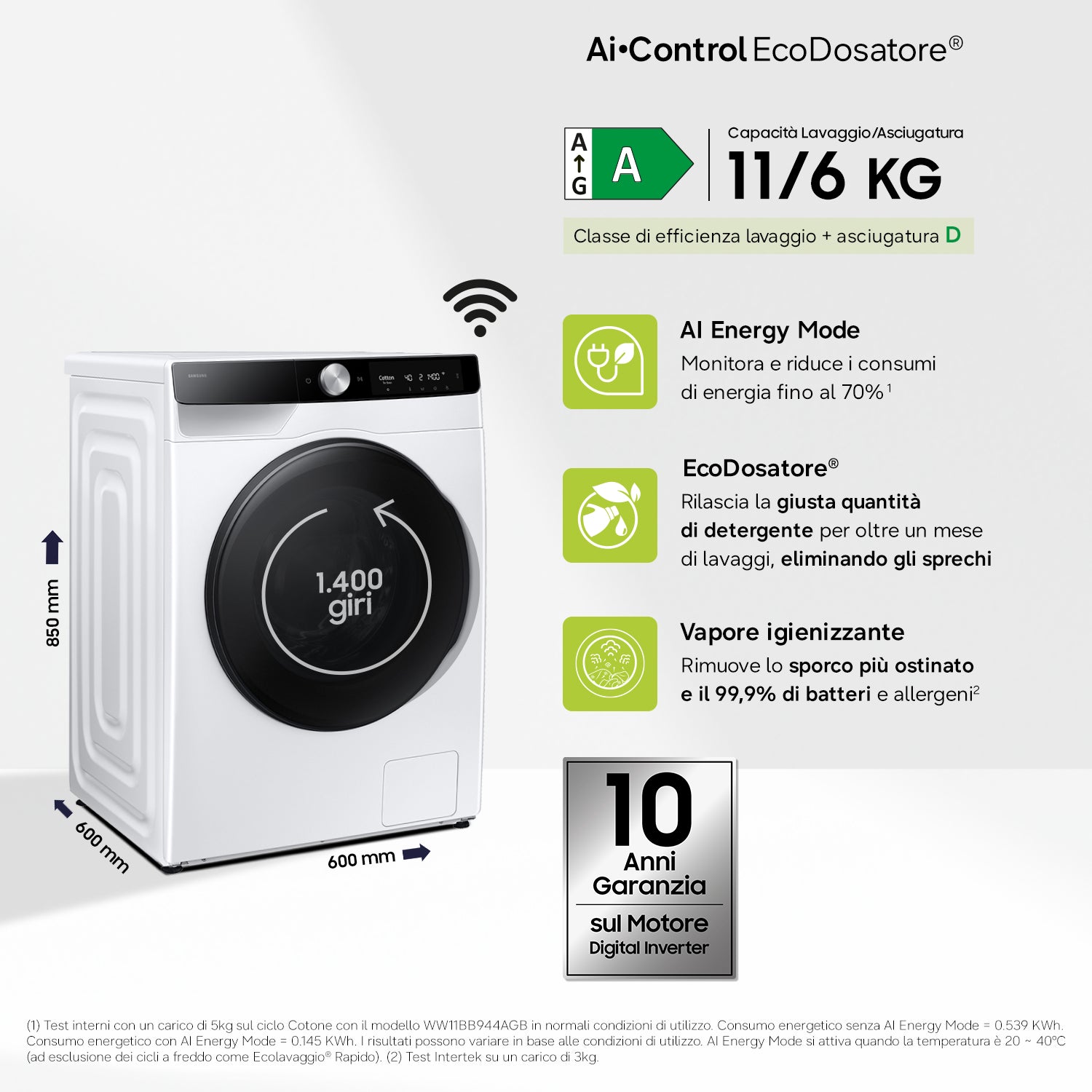 Samsung WD11DG6B85BK lavasciuga Libera installazione Caricamento frontale Bianco