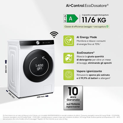 Samsung WD11DG6B85BK lavasciuga Libera installazione Caricamento frontale Bianco