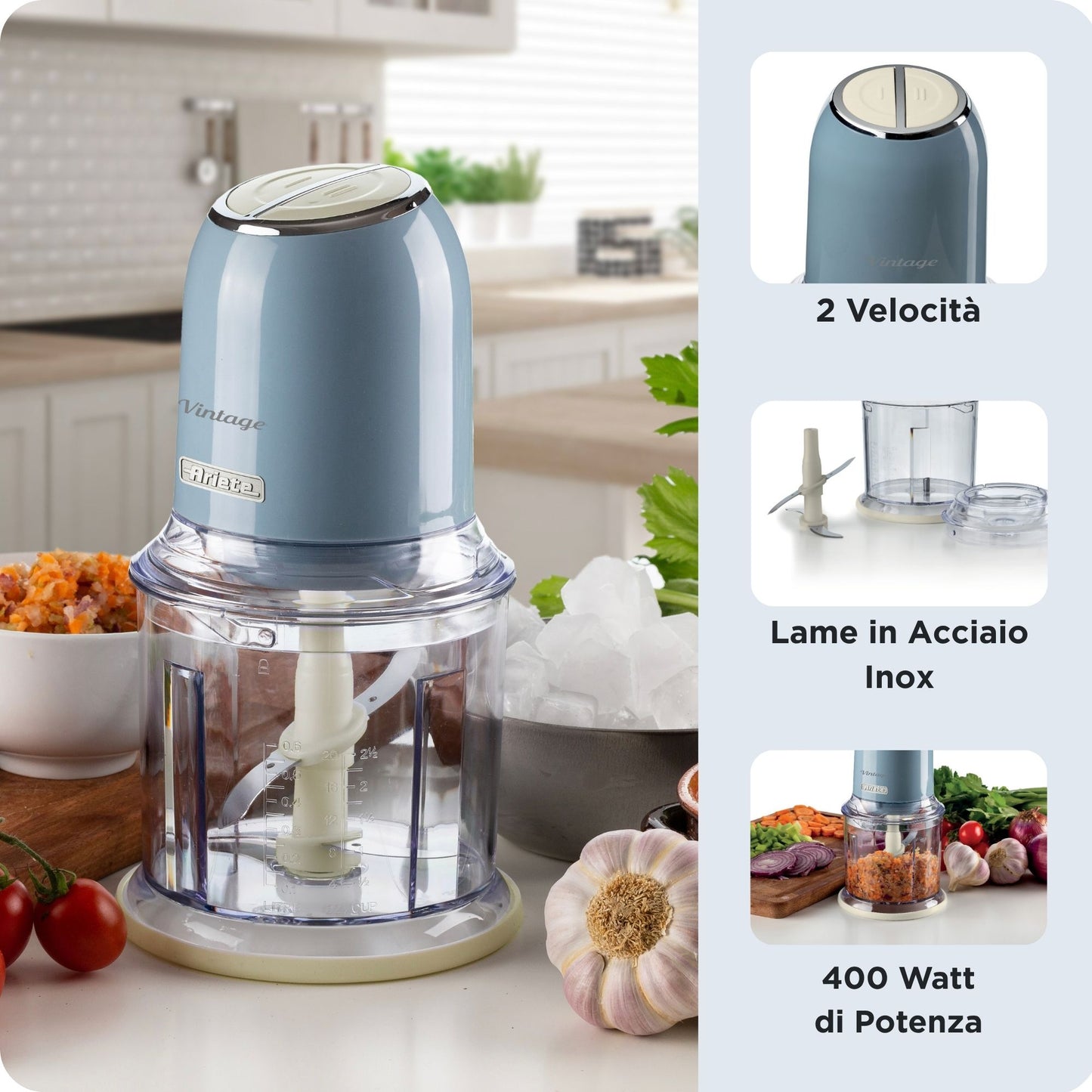 Ariete 438, Tritatutto Vintage, Chopper e Tritaghiaccio, 2 velocità, 4 lame in Acciaio Inox, Tazza graduata 600 ml, 400 W, BeigeTritatutto a 2 velocità , 2 pulsanti e 4 lame in Acciaio Inox. Tritaverdure e Tritaghiaccio. Tazza graduata da 600ml.