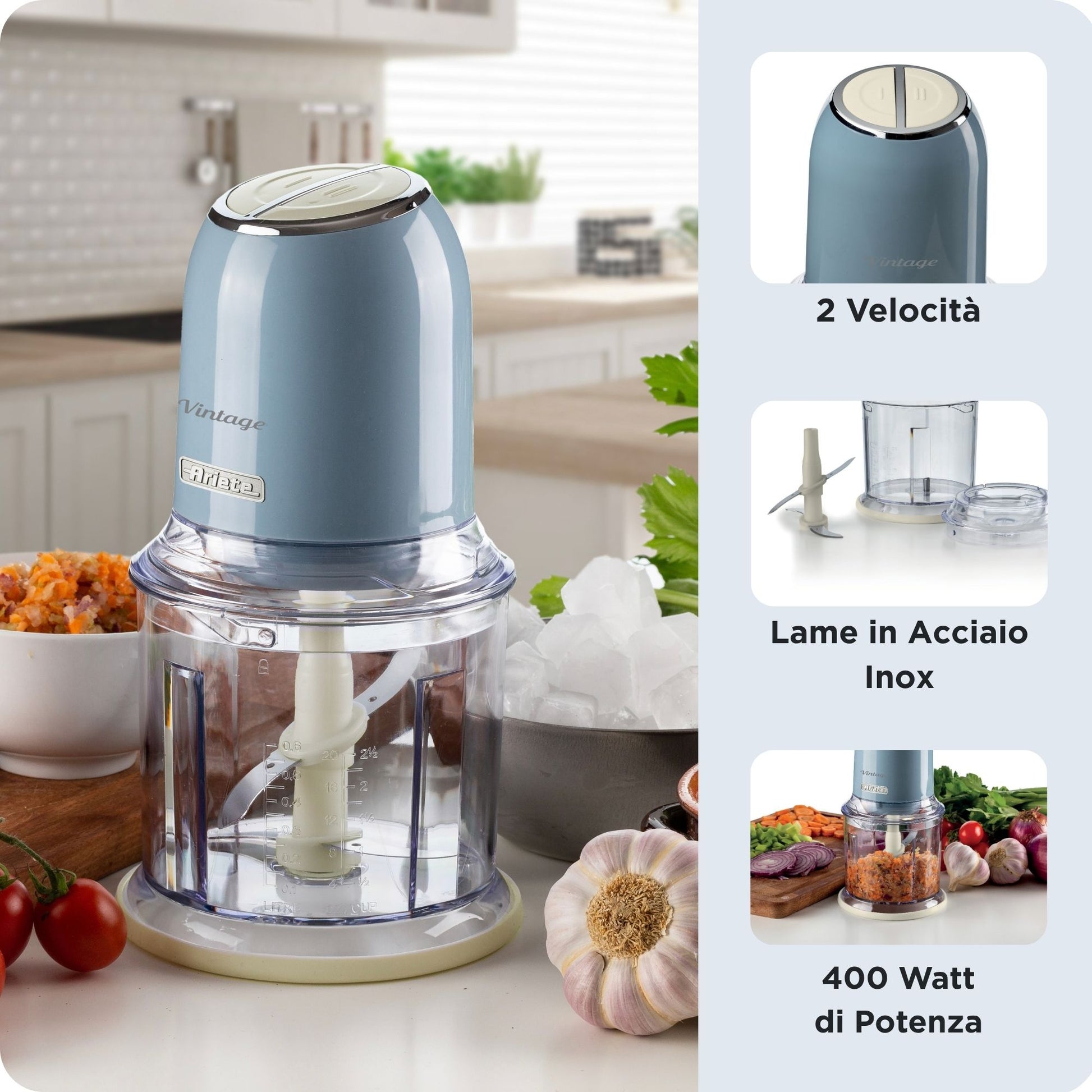 Ariete 438, Tritatutto Vintage, Chopper e Tritaghiaccio, 2 velocità, 4 lame in Acciaio Inox, Tazza graduata 600 ml, 400 W, BeigeTritatutto a 2 velocità , 2 pulsanti e 4 lame in Acciaio Inox. Tritaverdure e Tritaghiaccio. Tazza graduata da 600ml.