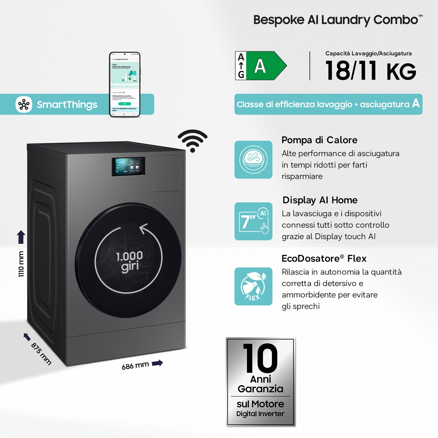 Samsung Lavasciuga Bespoke AI Libera installazione pompa di calore 18/11 Kg WD18DB8995BZT2
