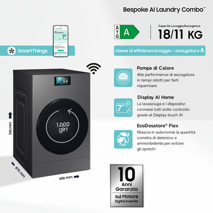 Samsung Lavasciuga Bespoke AI Libera installazione pompa di calore 18/11 Kg WD18DB8995BZT2