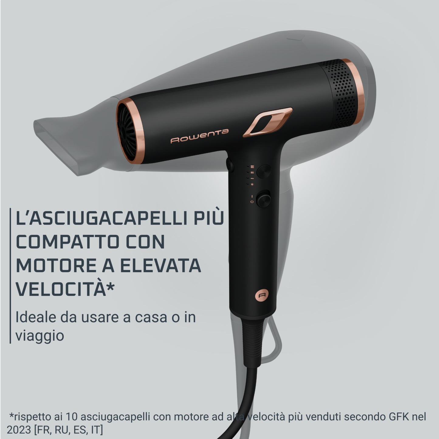 Rowenta Nano Asciugacapelli Brushless Compatto ad Alta Velocità, Boost di Ioni Antistatici e Sensore di Temperatura per Capelli Setosi e Luminosi, 3 Impostazioni di Velocità/Temperatura, HY8310
