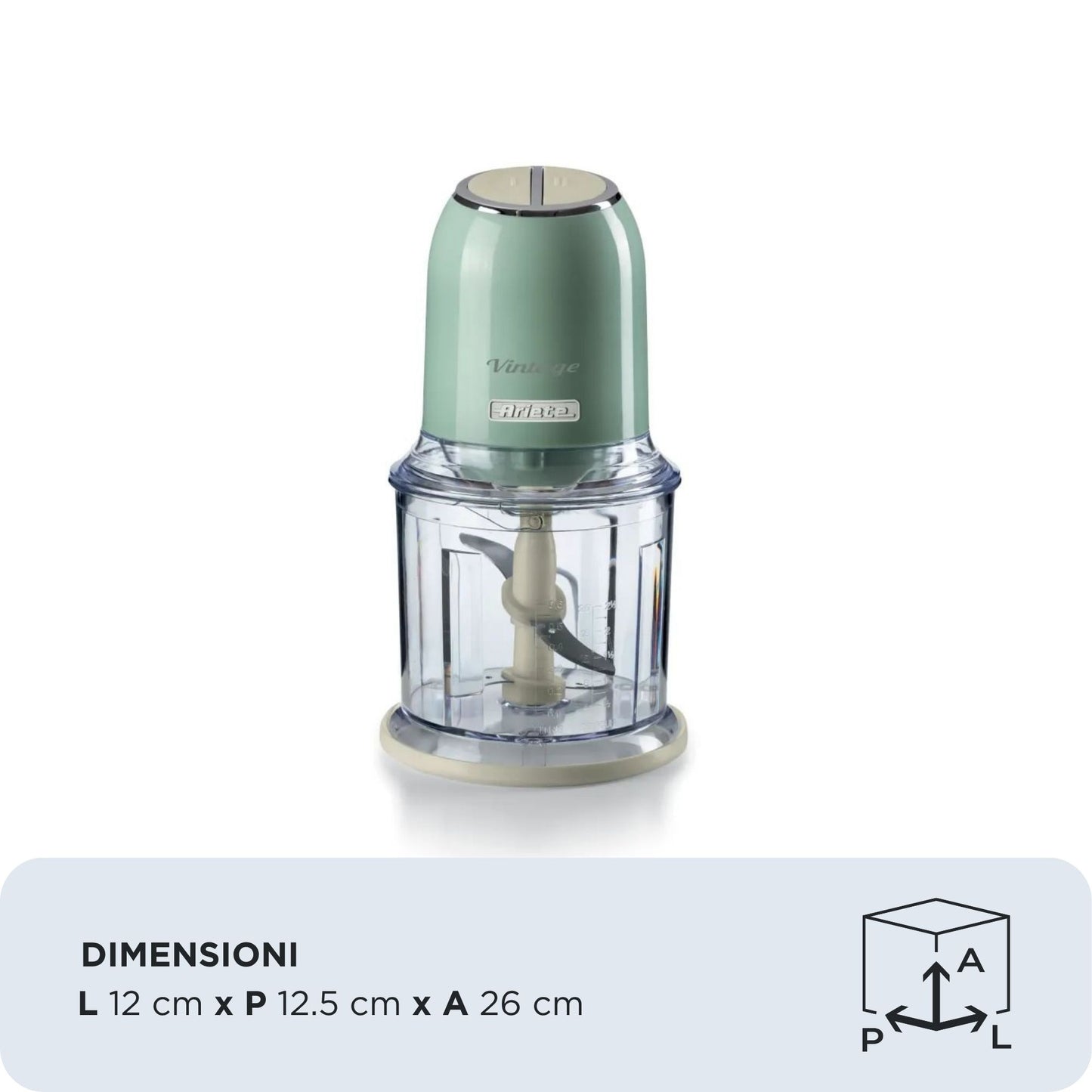 Ariete 438, Tritatutto Vintage, Chopper e Tritaghiaccio, 2 velocità, 4 lame in Acciaio Inox, Tazza graduata 600 ml, 400 W, Verde