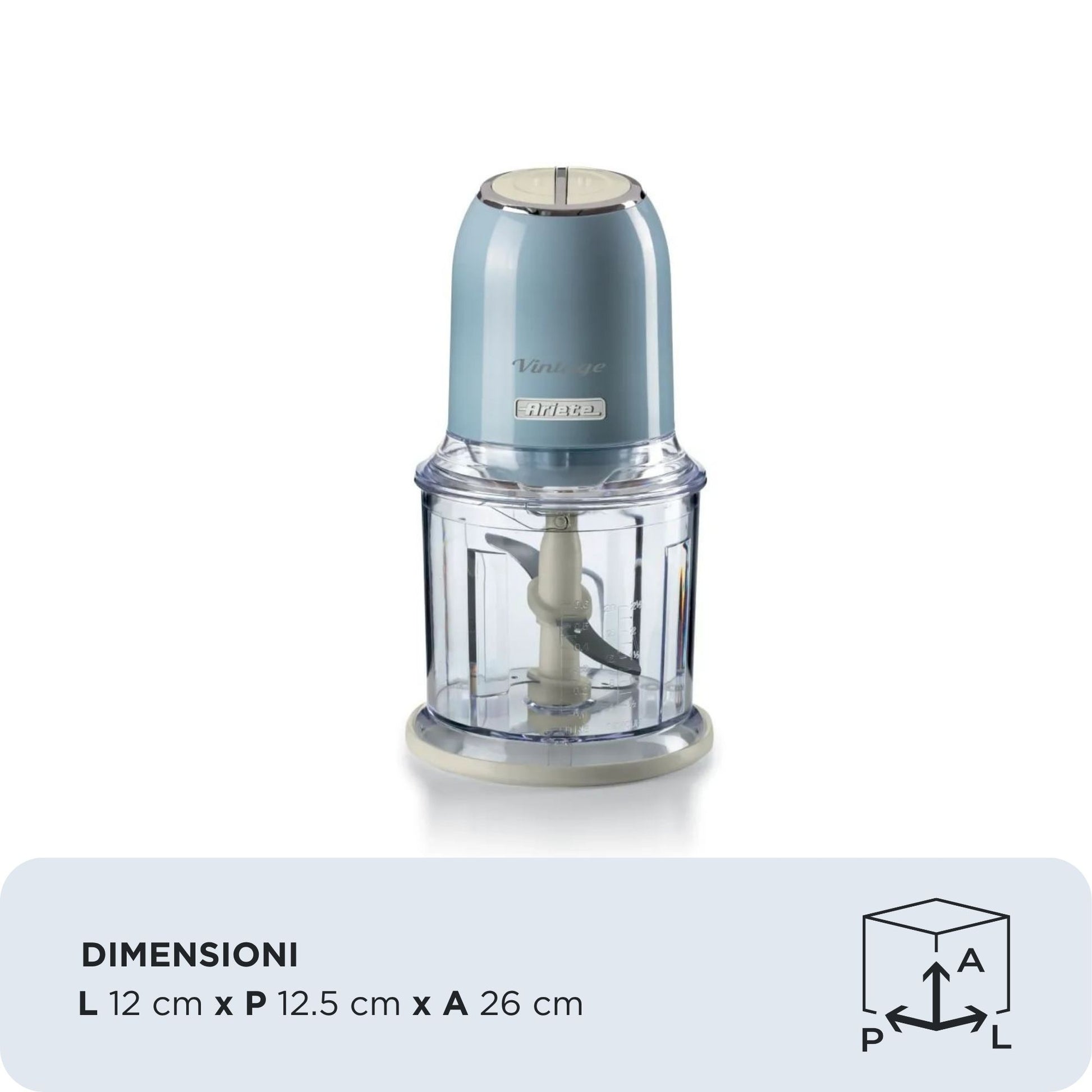 Ariete 438, Tritatutto Vintage, Chopper e Tritaghiaccio, 2 velocità, 4 lame in Acciaio Inox, Tazza graduata 600 ml, 400 W, BeigeTritatutto a 2 velocità , 2 pulsanti e 4 lame in Acciaio Inox. Tritaverdure e Tritaghiaccio. Tazza graduata da 600ml.