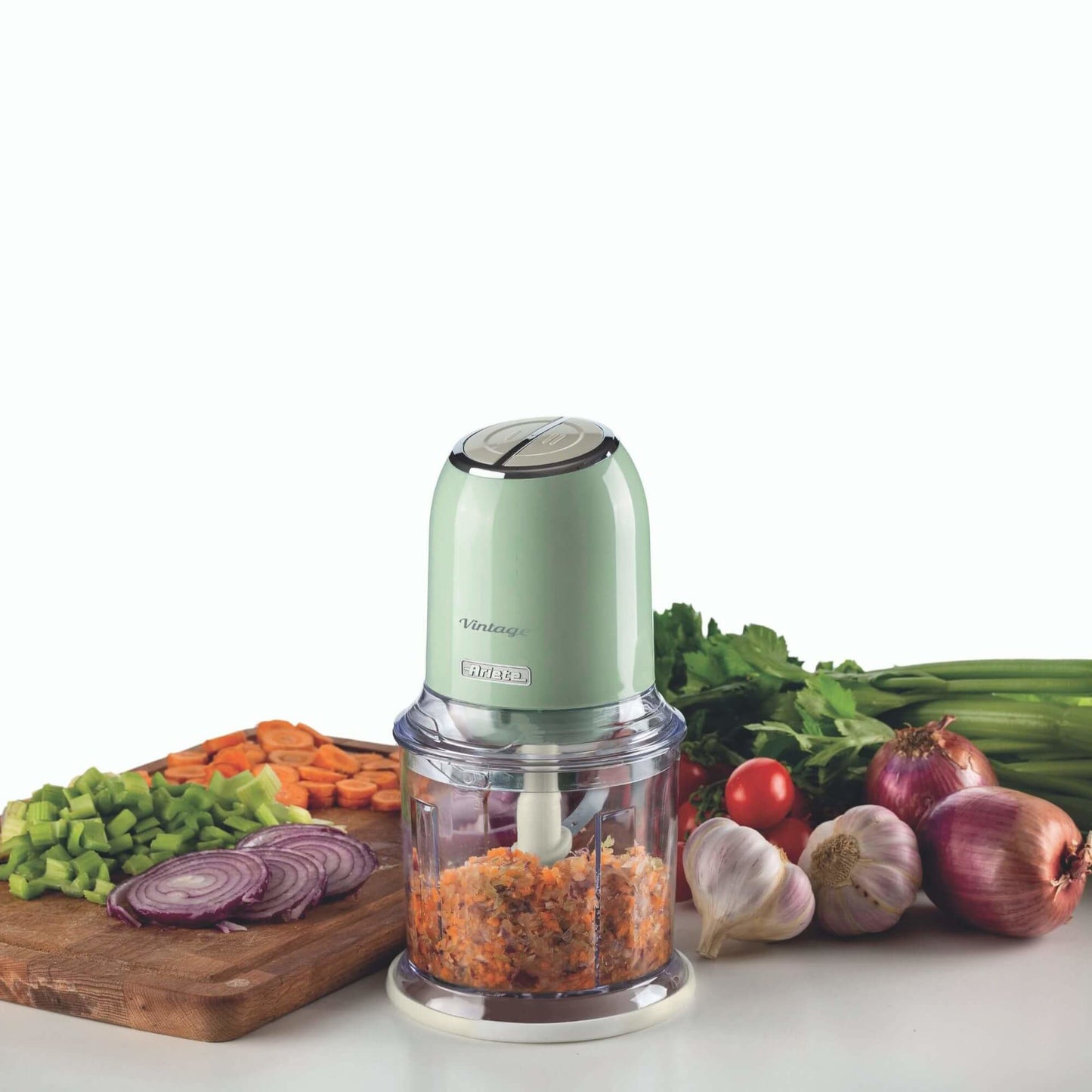 Ariete 438, Tritatutto Vintage, Chopper e Tritaghiaccio, 2 velocità, 4 lame in Acciaio Inox, Tazza graduata 600 ml, 400 W, Verde